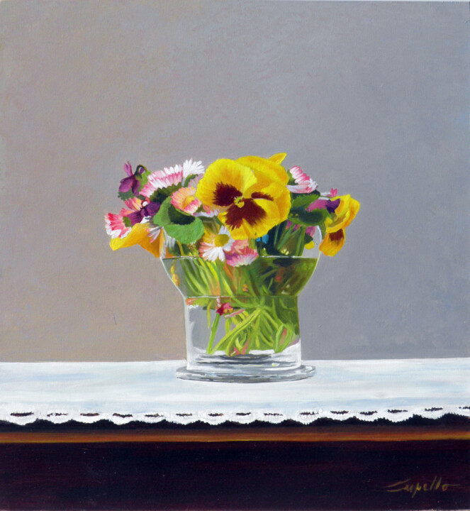 Painting titled "VIOLE DEL PENSIERO" by Francesco Capello, Original Artwork, Oil Mounted on Other rigid panel