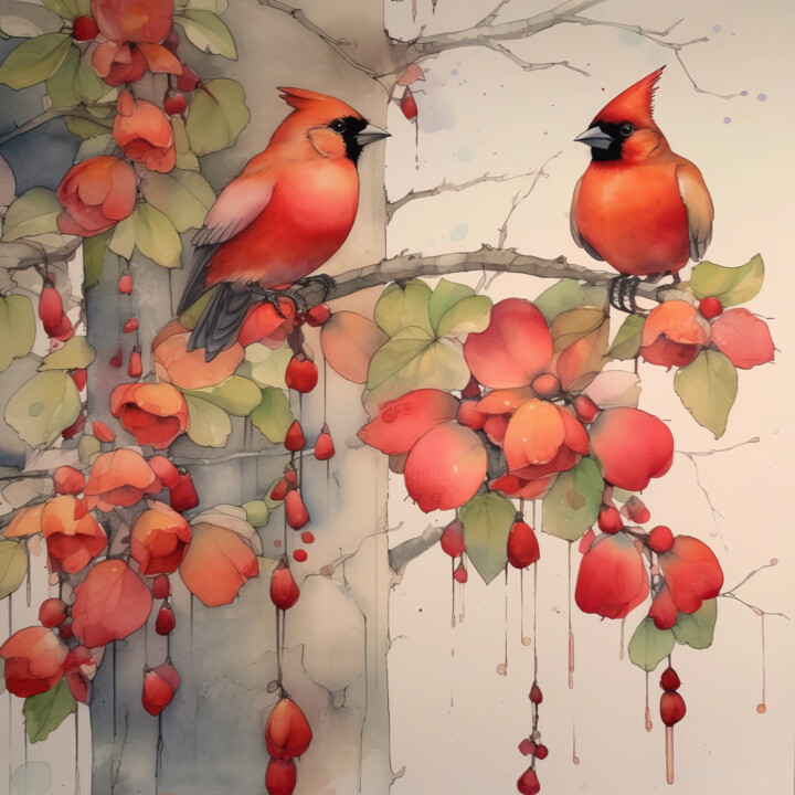 Cardinals In Tree 数字艺术