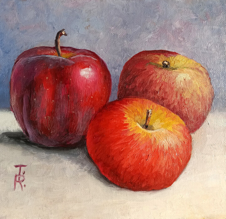 Taste of life. Still life painting with red apples on table 绘画, 7.9x7.9 in