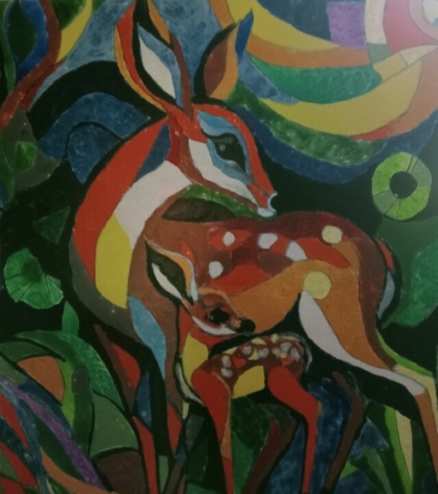 Peinture intitulée "L'amour d'une biche" par Audran, Œuvre d'art originale, Acrylique
