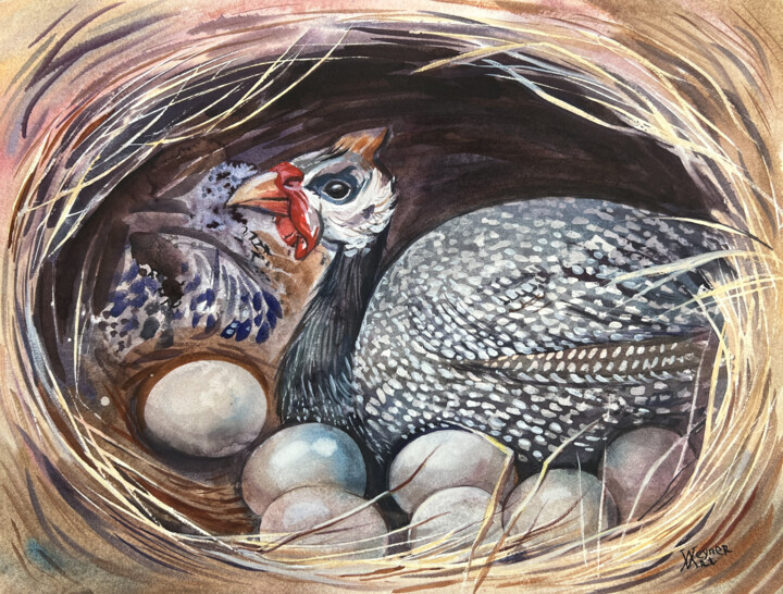 Guinea fowl in the nest. Spotted bird painting 绘画, 12.1x15.9 in