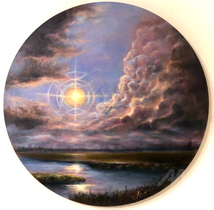 "Port sacré". Un paysage réaliste sur une toile ronde. 绘画, 25.6x25.6 in