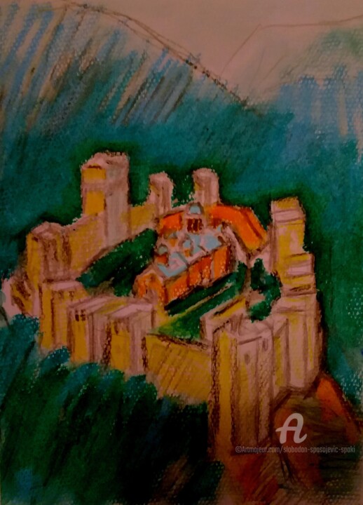 Les batiments d'histoire "Monastere Manasija" Painting, 11.8x7.9 in