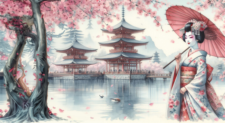 une geisha, le japon et le printemps 数字艺术