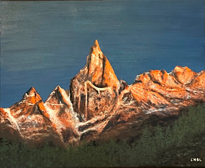 Lueurs crépusculaires à l'Aiguille de la Tza 绘画, 19.7x24 in