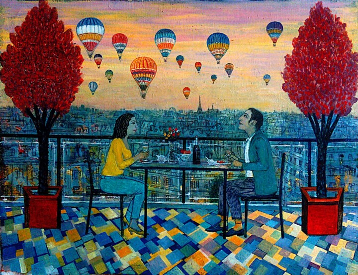Painting titled "Шары над городом" by Chuzhik, Original Artwork, Oil