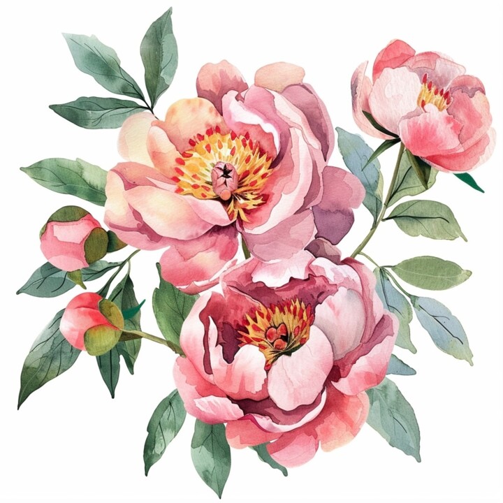 Printmaking titled "Pink peonies 2. Ser…" by Vasilisa, Original Artwork, Watercolor