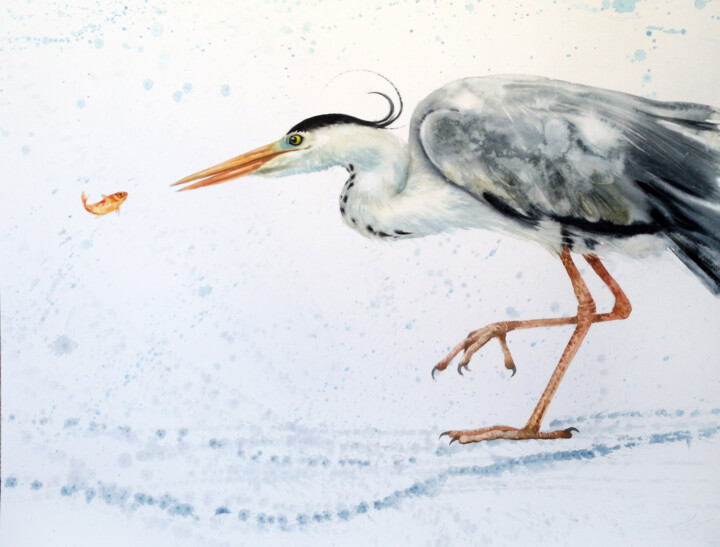 The Great Escape: Great Blue Heron and Goldfish 绘画, 19.7x25.6 in