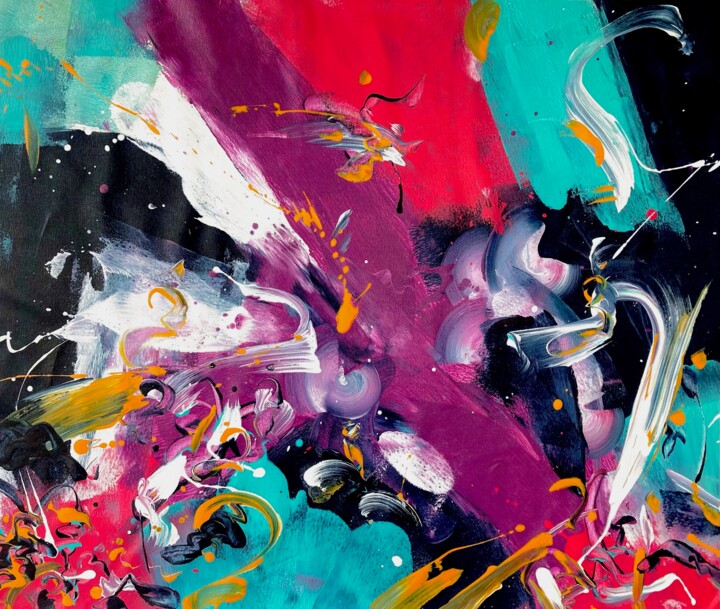 Schilderij getiteld "COSMIC BATTLES" door Delphine Bernard, Origineel Kunstwerk, Acryl Gemonteerd op Frame voor houten branc…