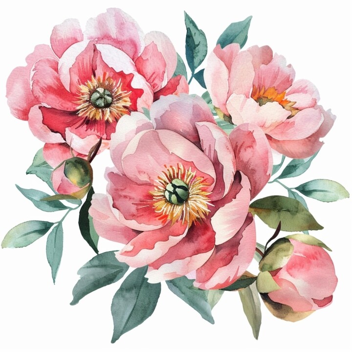 Printmaking titled "Pink peonies 3. Ser…" by Vasilisa, Original Artwork, Watercolor