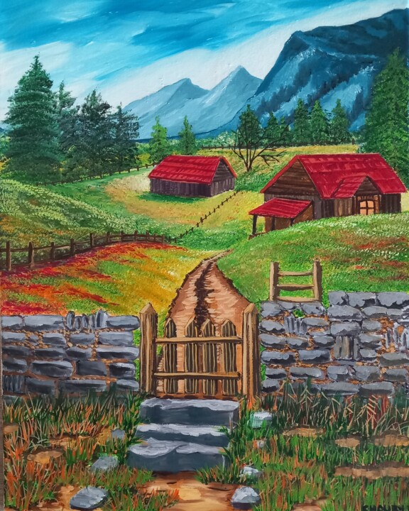 Peinture intitulée "Maisons à  toit rou…" par Nathalie Choury, Œuvre d'art originale, Huile Monté sur Châssis en bois