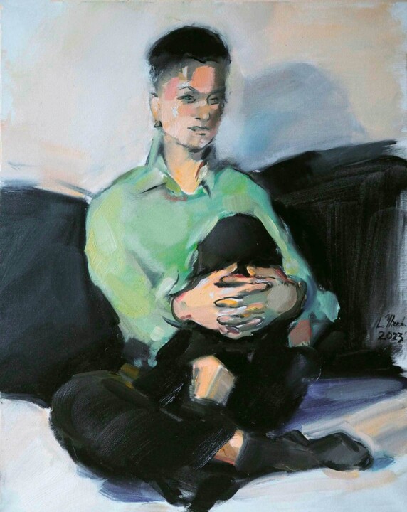 Painting titled "Girl in a green blo…" by Liudmila Iliuchina, Original Artwork, Oil