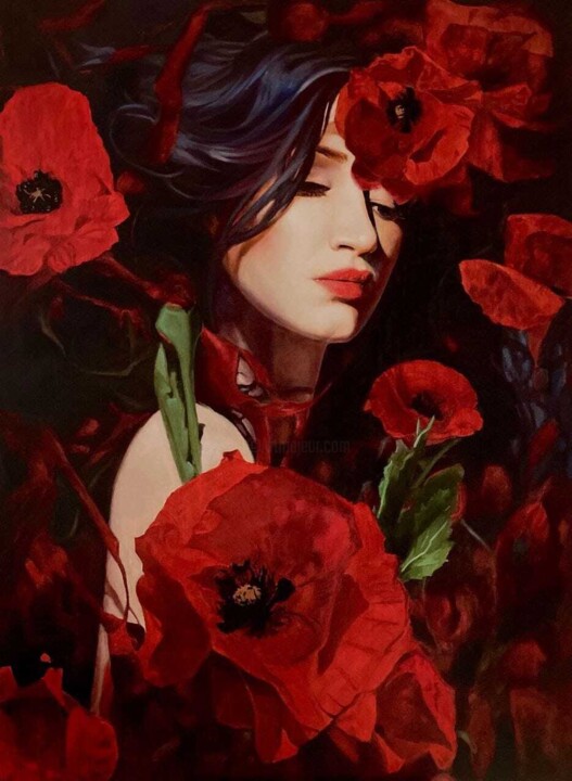 Картина маслом на холсте "Маковая девушка" 绘画, 31.5x23.6 in