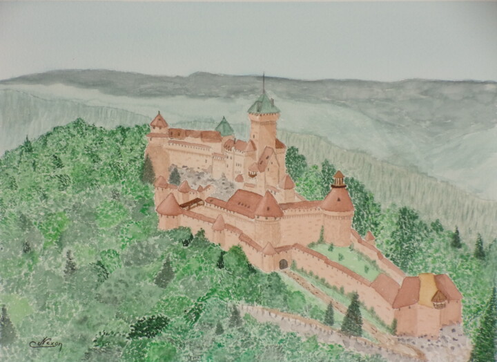 Aquarelle originale du château Haut Koenigsbourg Pittura, 8,7x11,6 in