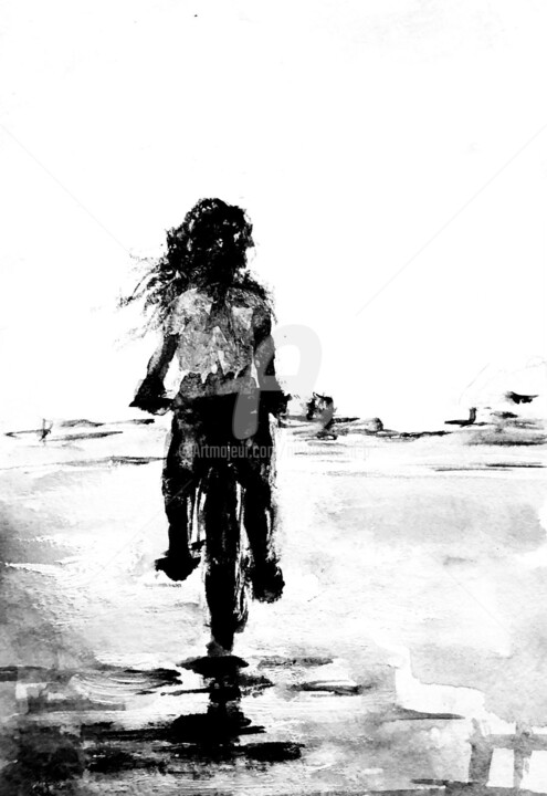 Painting titled "Girl on the Bike" by Nicole Cecil B, Original Artwork, Acrylic