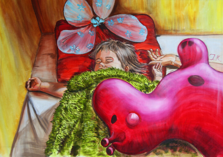 The baby is sleeping. Large painting with a small child. 绘画, 23.6x35.4 in
