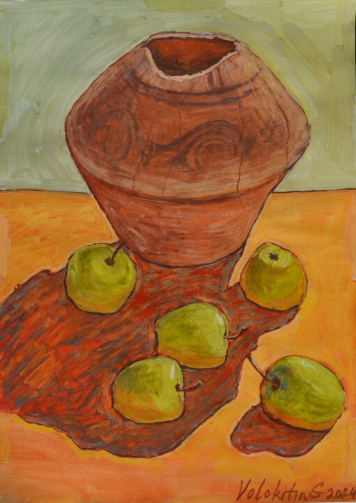 Jug and apples 绘画, 16.1x11.7 in