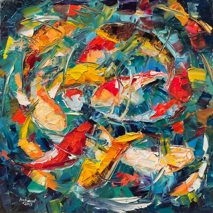 Koii in blue-green water oil painting 绘画, 15.8x15.8 in