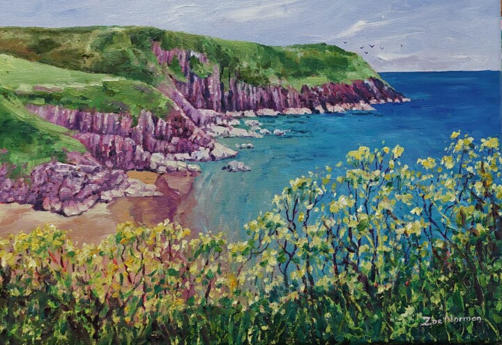 Painting titled "Coastal Wildflowers" by Zoe Norman, Original Artwork, Oil Mounted on Wood Stretcher frame