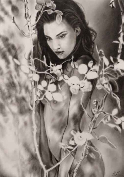 "In the rose garden" 绘画, 16.5x11.8 in
