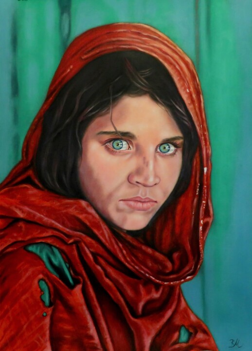 "The green eyed Afgan girl" 绘画, 27.6x19.7 in