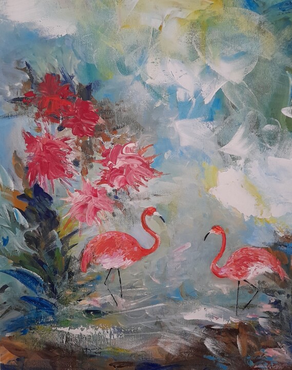 Les flamands roses dans l'étang. 绘画, 18.1x15 in