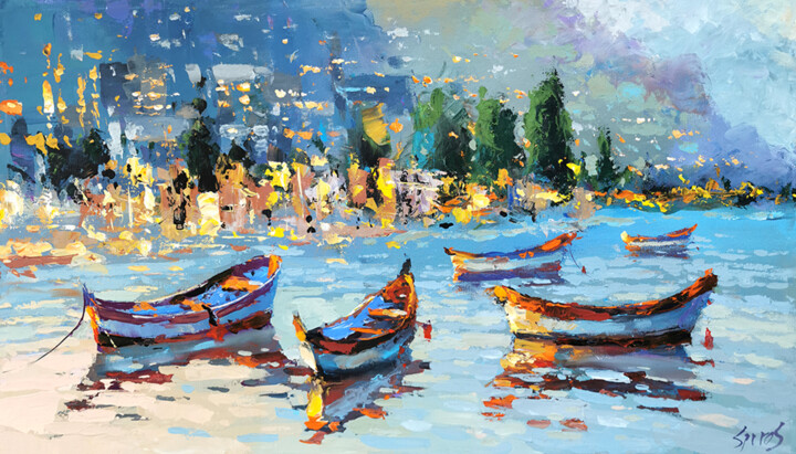 Twilight harbor 绘画, 15.8x27.6 in