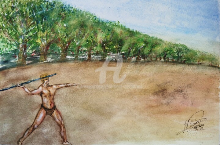 Peinture intitulée ""Lancer de Javelot…" par Jean-Pierre Missistrano, Œuvre d'art originale, Aquarelle
