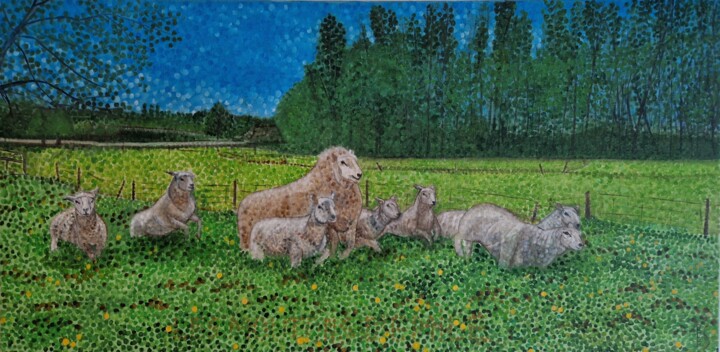 Peinture intitulée "Les moutons d'Émile" par Ralph.S, Œuvre d'art originale, Huile