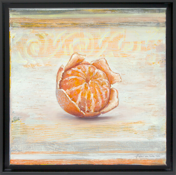 Aufgebrochen | Original Orangen Öl Gemälde auf Leinwand 绘画, 11.8x11.8 in