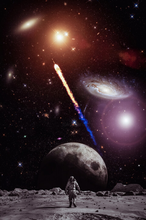Astronaute explorant l'univers sur une lune inconnue 数字艺术