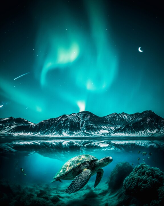 Aurore boréale et tortue sous l'eau 数字艺术