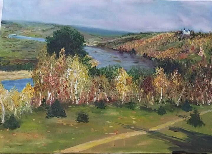 Autumnal Riverscape Painting, 19.7x27.6 in
