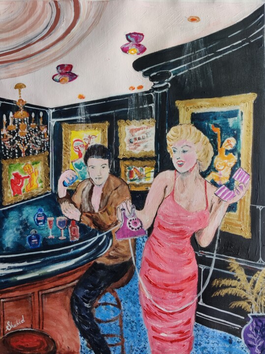 Marilyn Monroe and Elvis Presley Painting, 22.4x16.5 in