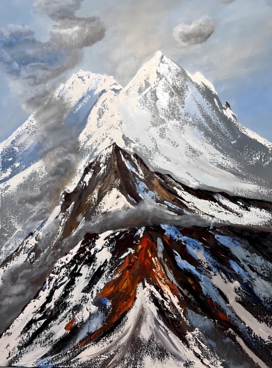 Enchanted Summit: Snow-Covered Volcano Oil Painting - Magica Tablo, 31,5x23,6 in