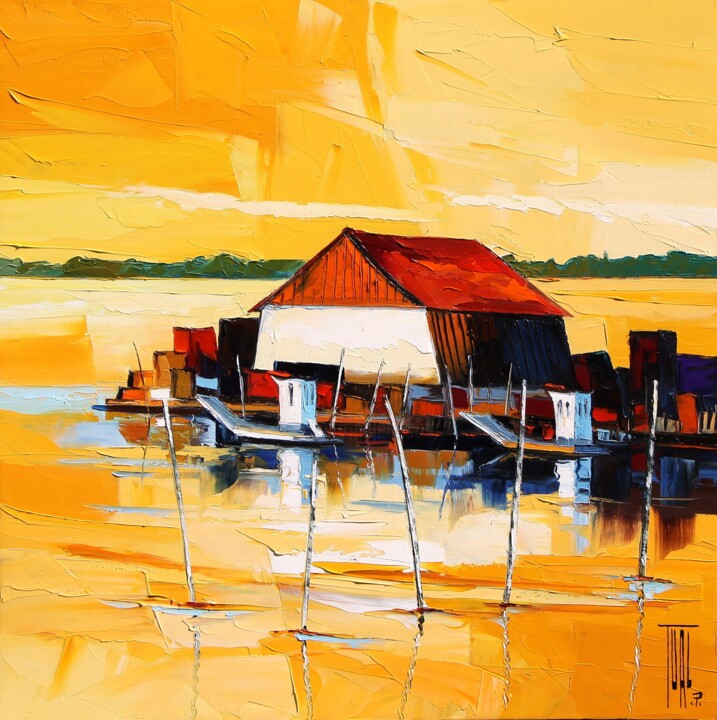 Peinture intitulée "Port ostréicole" par Pierrick Tual, Œuvre d'art originale, Huile