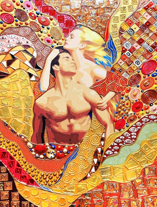 Love painting. Man woman couple portrait abstract Klimt art 绘画, 31.5x23.6 in