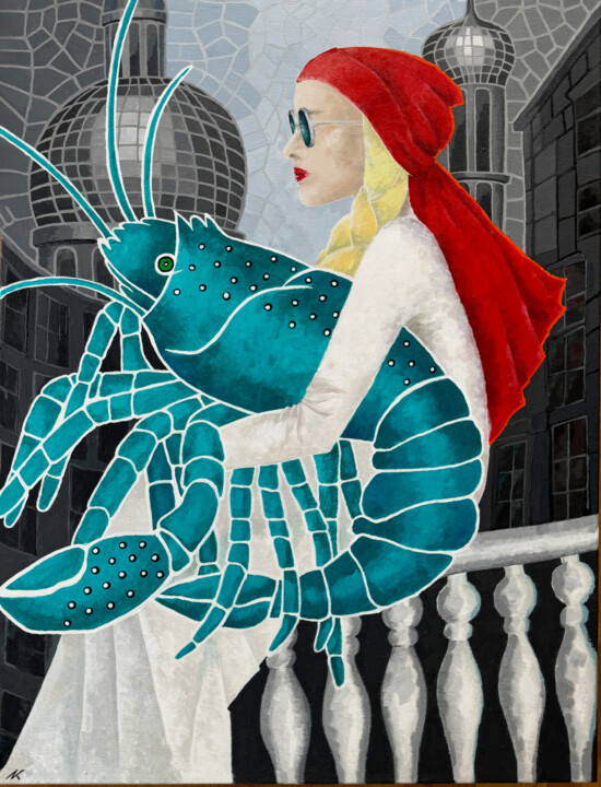 Walk with a turquoise lobster 绘画, 31.5x23.6 in