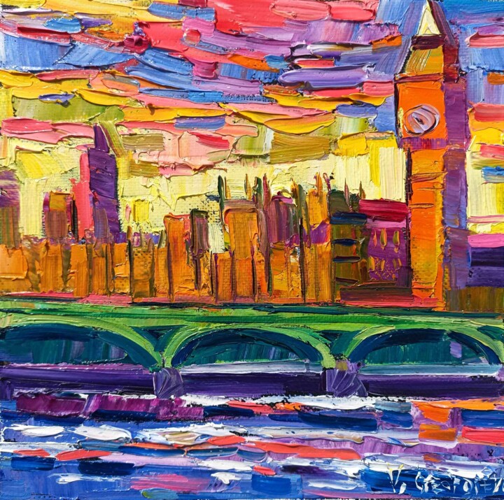 Londra sunset 绘画, 7.5x7.5 in