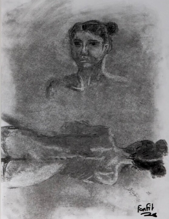 Drawing titled "Regard sur soi" by Fanny Fitten, Original Artwork, Charcoal