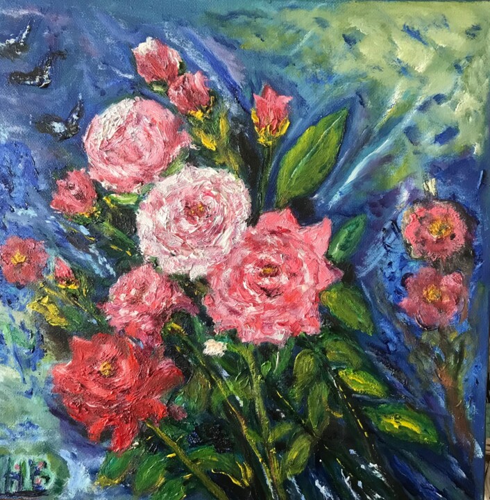 Peinture intitulée "Le bouquet de roses" par Maria Helena De  Macedo  Benier, Œuvre d'art originale, Huile
