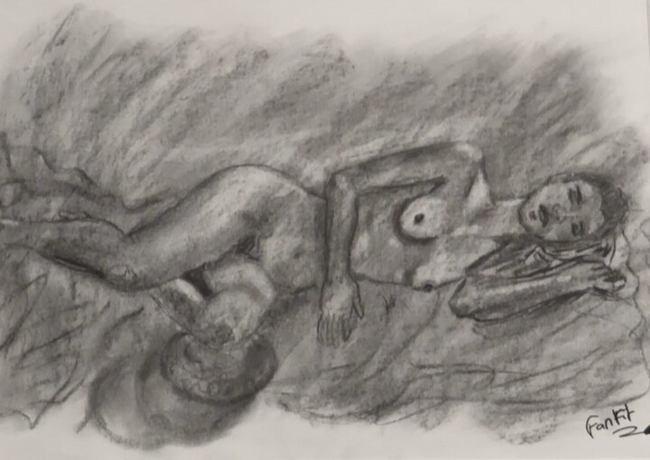 Drawing titled "Femme allongée" by Fanny Fitten, Original Artwork, Charcoal