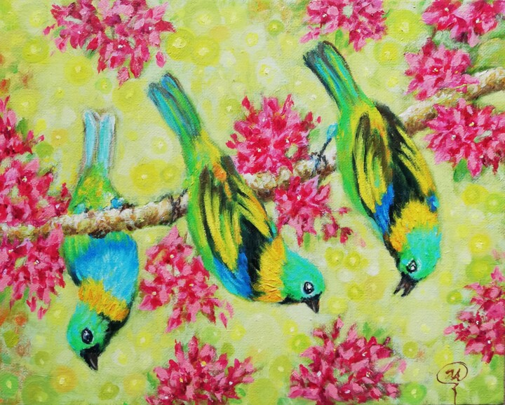 Tropical Birds and Flowers Schilderij, 9,5x11,8 in