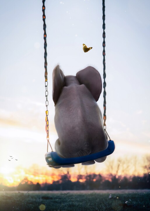 Bébé éléphant mélancolique sur une balançoire 数字艺术