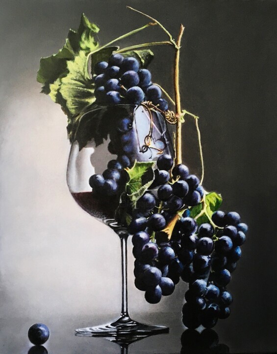 Painting titled "Grapes in wine glas…" by Tetyana Hamilton, Original Artwork, Oil Mounted on Wood Stretcher frame