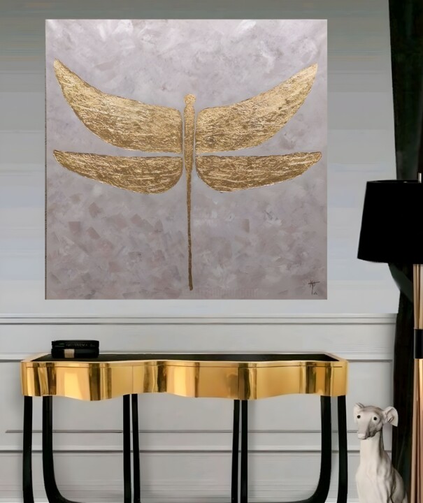 The golden dragonfly. original acrylic painting gold leaf 绘画, 35.4x35.4 in
