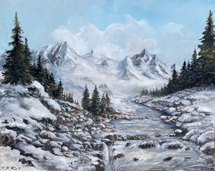Malerei mit dem Titel "Sommets enneigés" von Jacques Moncho (Art d'antan), Original-Kunstwerk, Öl Auf Keilrahmen aus Holz mo…