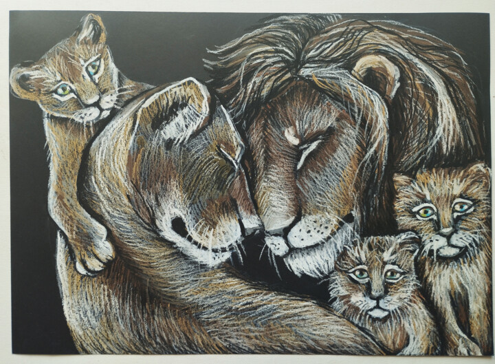 Love The big family of Lions Oil Pastel Portrait animal art 图画, 11.7x16.5 in