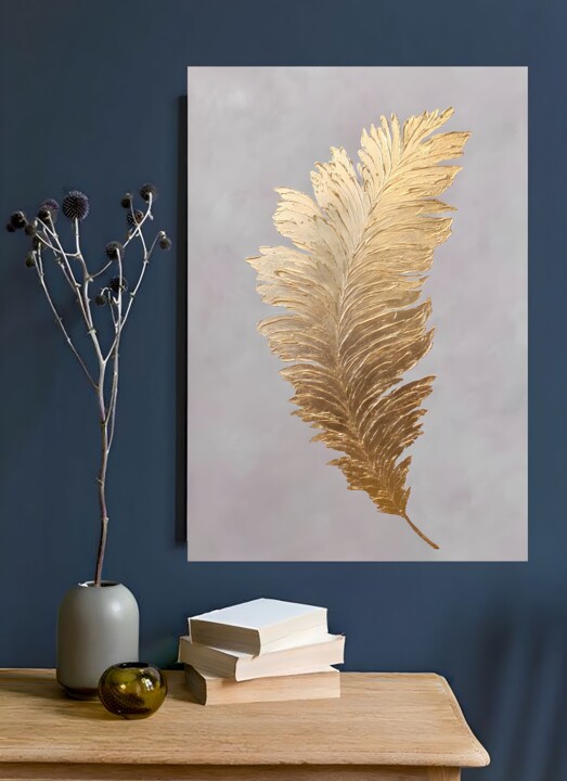 A golden feather. Texture acrylic painting gold leafs 绘画, 35.4x23.6 in