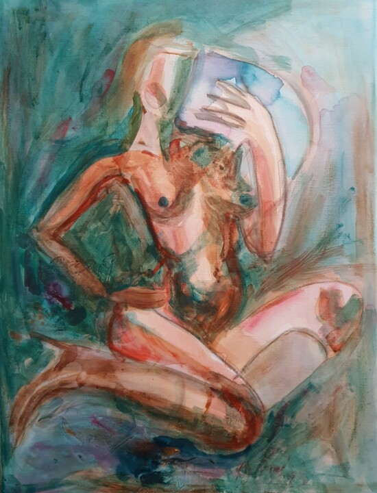 Venus sitzend mit dem Smartphone 绘画, 27.6x19.7 in